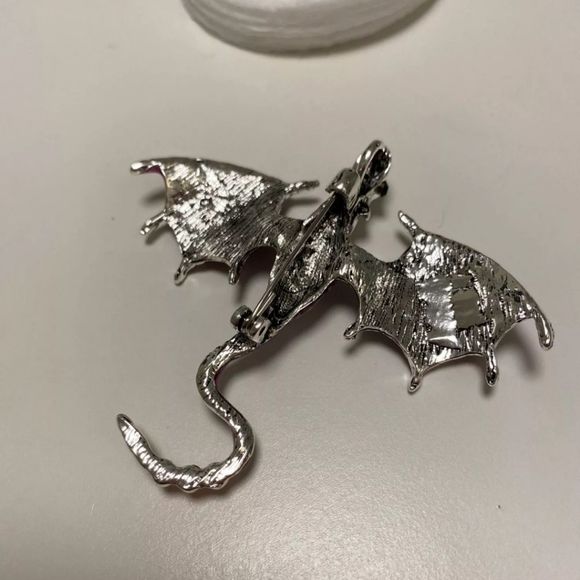 Silver titanium flames red enamel and crystal dragon goth brooch new - Picture 3 of 5